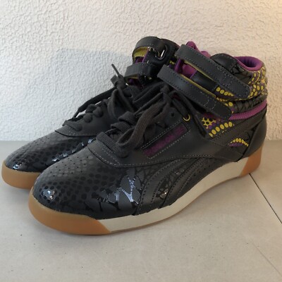 【HI FI FNK】Wino Striped Ruby Top Reebok Freestyle Hi Alicia Keys Black Purple High Top Shoes