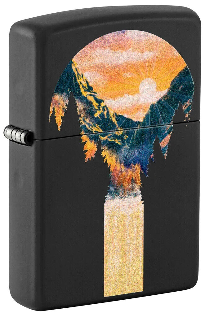 Zippo 48676,  Mountain Waterfall Glow in Black Light Design, Black Matte Lighter. Available Now for 30.56