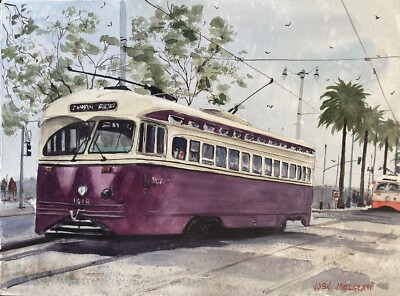 Watercolor Original Painting Railway Tram San Francisco 11'' x 15''