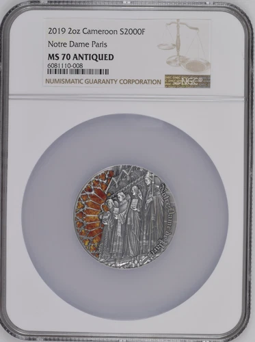 2019 CAMEROON NOTRE DAME PARIS 2oz SILVER COIN NGC MS 70 ANTIQUED POP 12