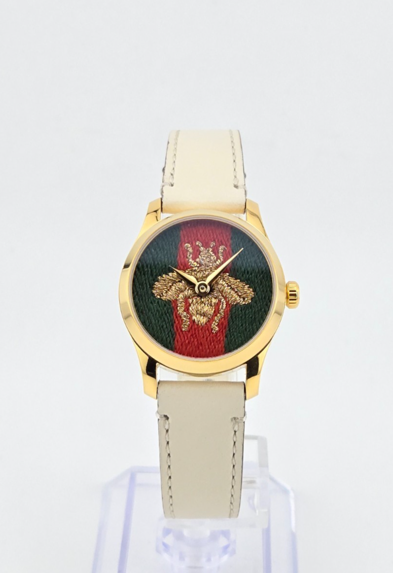 Gucci G-Timeless YA1265009 Women's Leather Band Green & Red Bee Dial Watch ⌚