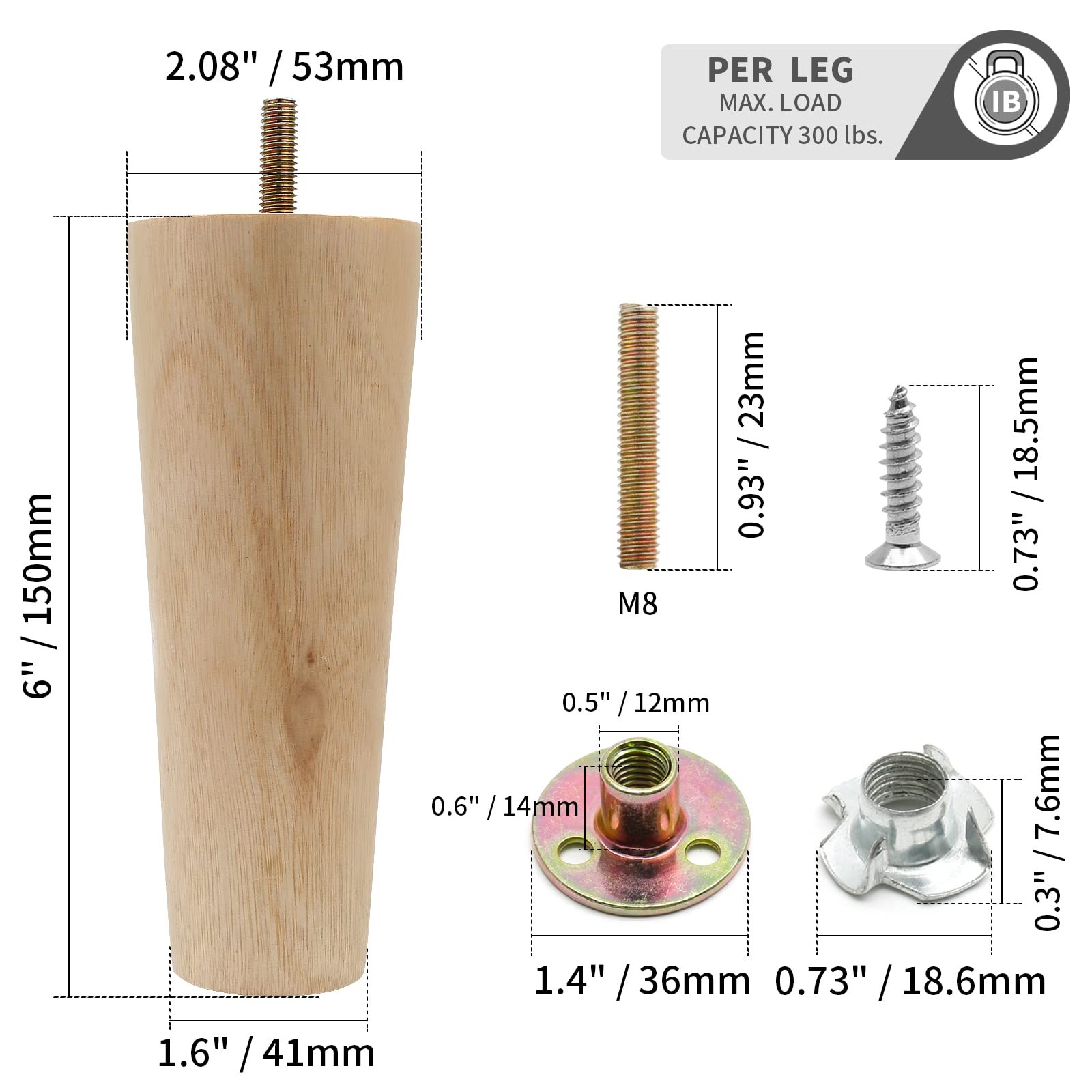 4pcs 6 Inch Wood Furniture Legs, Straight Conical Solid Wood Sofa Legs, Mid-C...