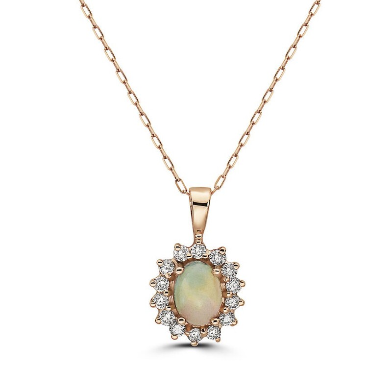 Birthstone Pendant 2/3 cts Natural White Opal Nude Diamonds set in 14K Rose Gold