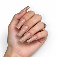 24Pcs Extra Long Square Golden Glitter French Press On Nails, Glam Shiny