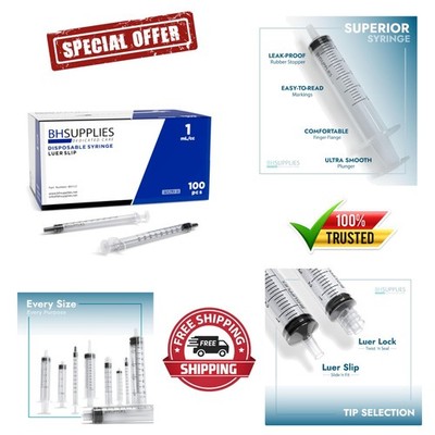 1mL Luer Slip Tip Syringes No Needle - Sterile, Individually Wrapped - 100 Sy...