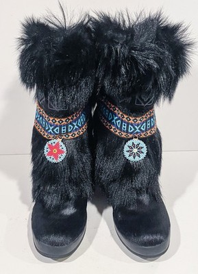 Vintage TECNICA Black Goat Fur Pull-On SKI BOOTS Womens SIZE 8.5 Skandia Apres
