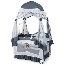 4-in-1 Portable Baby Playard Crib Infant Bassinet Bed w/ Table Canopy Music Grey