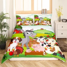Cute Farm Animals Bedding Set Kids Cartoon Pig Dog Cow Horse Duvet Cover Boys...