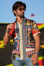 Barabas Men's Checkered Floral Rhinestone Short Sleeve Shirt SSR06