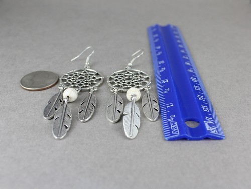Silver dream catcher earrings dangle feather cream bead lightweight 3.5 long - Picture 6 of 9