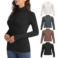 Womens Turtleneck Long Sleeve Basic Knit Top Shirt Stretch Solid Ribbed T-Shirt