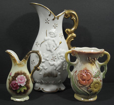 Lot of 3 VTG Pottery-Ceramic Floral Footed Art Deco Vases Roses~Cherubims~White