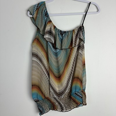 Vintage Y2K One Shoulder Top M Sheer Ruffle Retro Elastic Waist Festival Boho