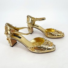 Dolce & Gabbana Metallic Gold Vally Flower Spike Studded Block Heel IT 39.5