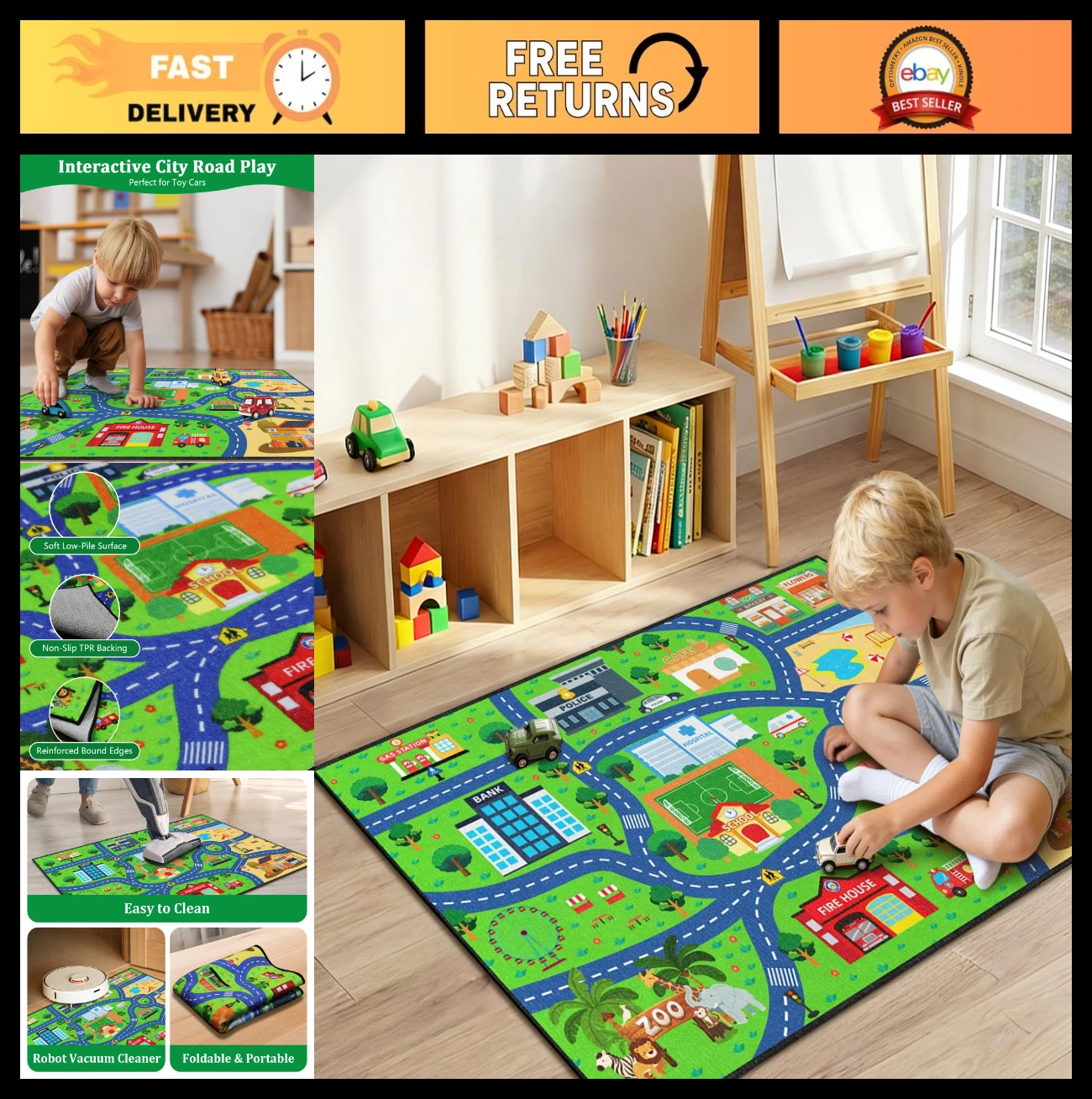Interactive City Car Track Play Mat 2x3 Ft - Kids Educational Road Rug, Non-Slip