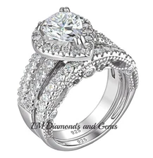 Wedding Set 14K White Gold over Brilliant Pear Engagement Bridal Rings