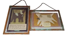Dog Lover Folk Art Mixed Media Paper Collage Copper Verdigris Frame Glass Hanger