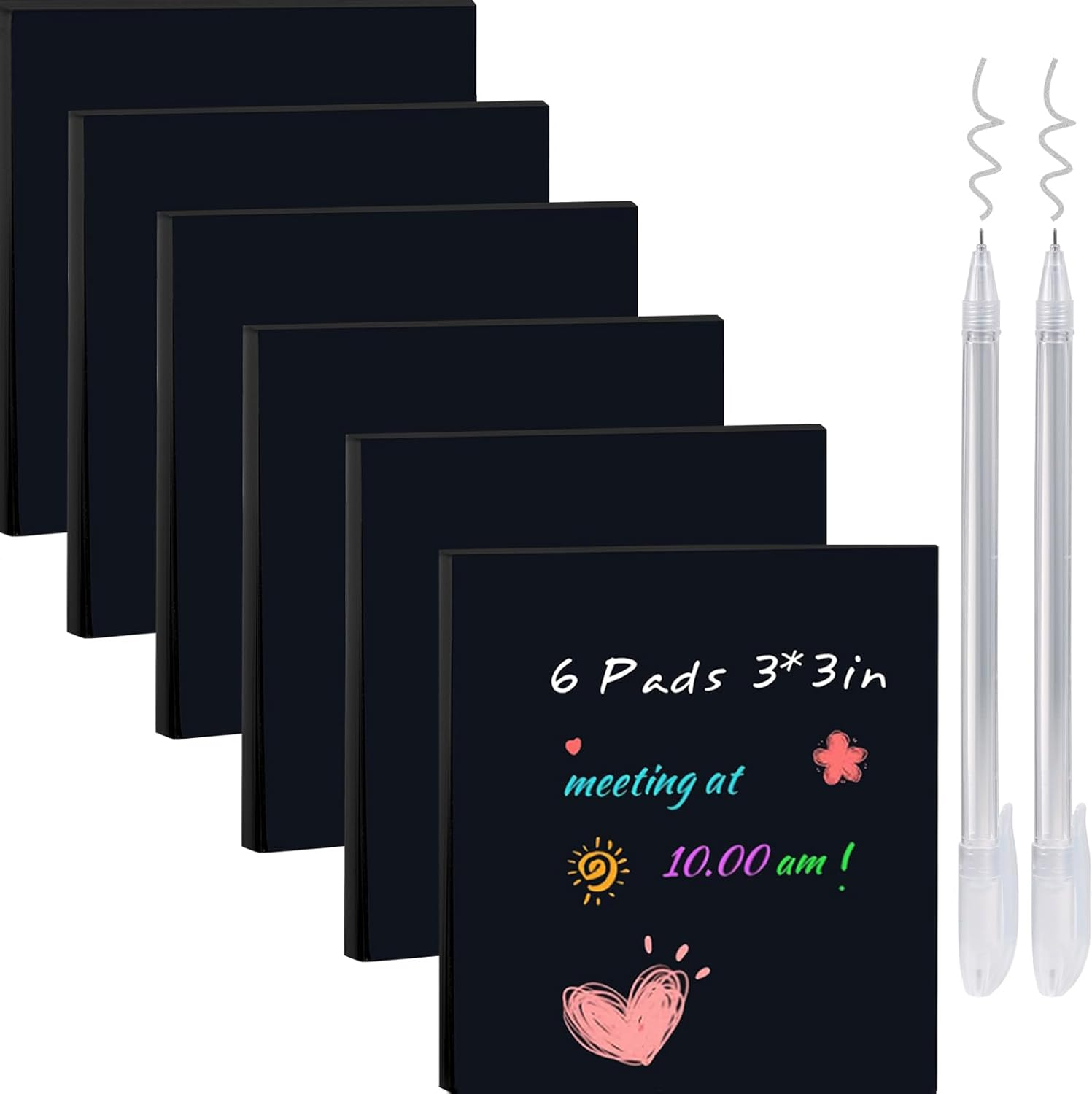 Black Sticky Notes 3x3 with 2 Metallic Pens 6 Self-Stick Pads-image