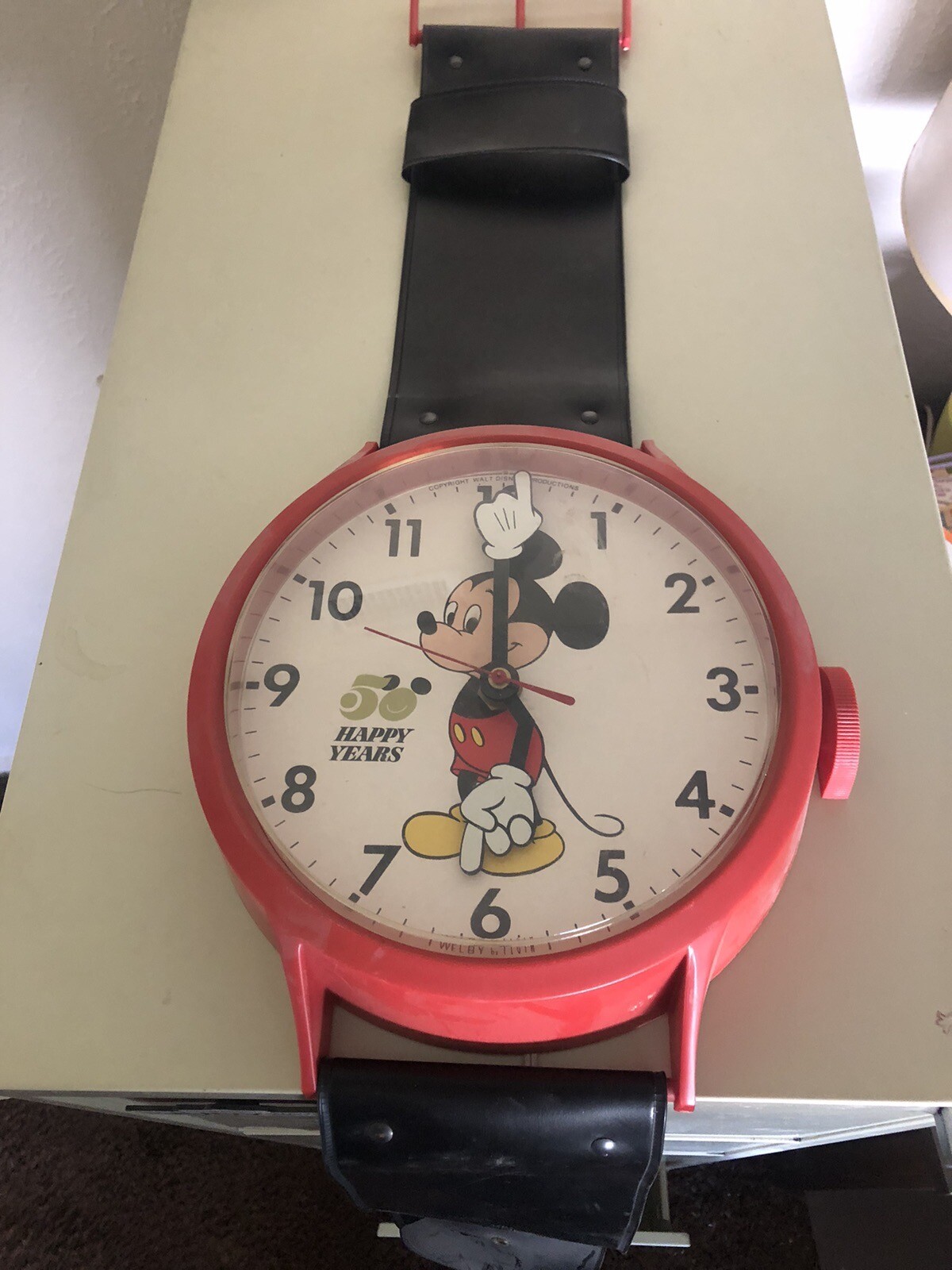 Vintage ‘Rare’  Disney Mickey Mouse Watch Red Wall Clock/Vinyl Band Disney 50th