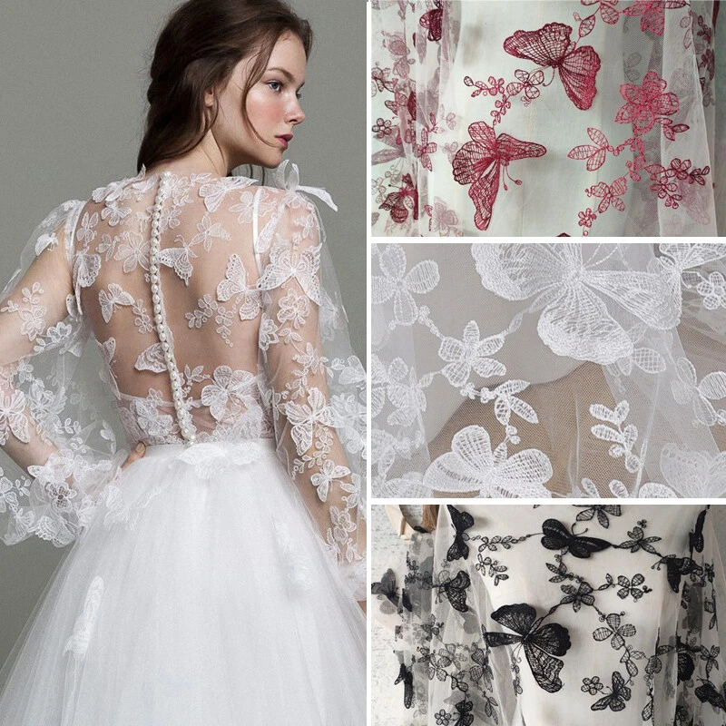 Fantasy 3D Butterfly Lace Mesh Fabric Sheer Tulle Embroidery DIY Dress Gown  /YD