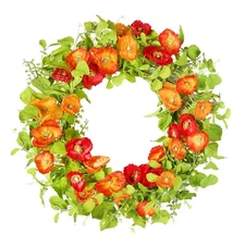 YNYLCHMX Spring Flower Wreath 18" with Poppy Flowers & Green Tea Leaves, Fron...