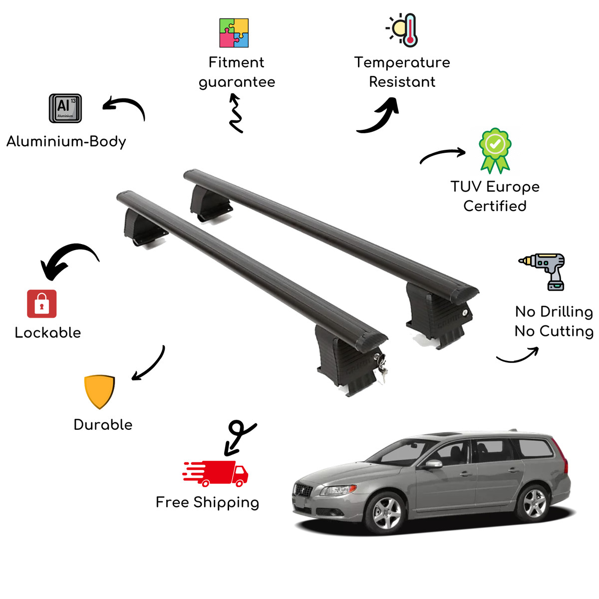 Bare Roof Rack Cross Bars Set for VOLVO V70 Door 07-16 Black