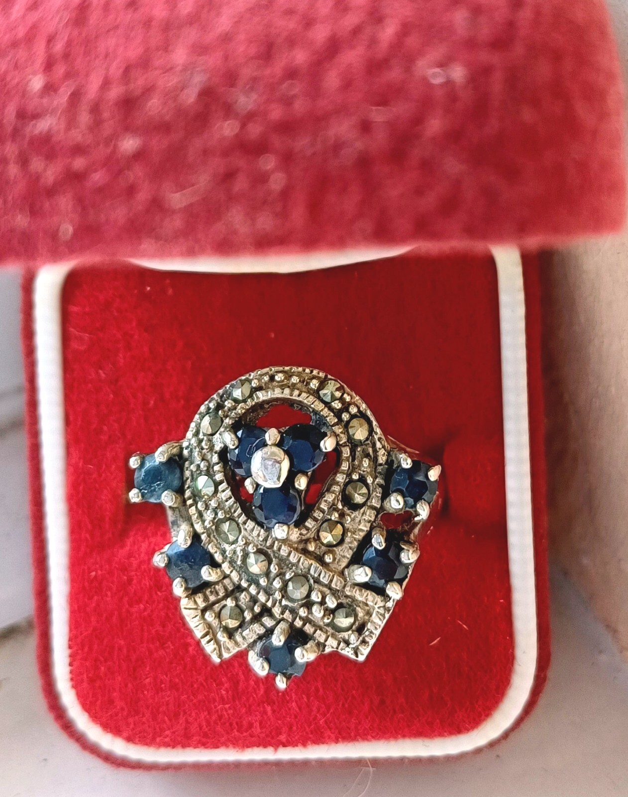 Vintage Silver Marcasite Ring With Dark Blue Stones P eBay