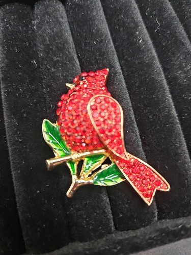 BROOCH Pin Red Cardinal bird glass Rhinestone Gold Tone Costume Jewelry gift