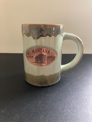 Americaware Ceramic Coffee Mug Copper Plate Montana Green Brown Drip Glaze Vtg