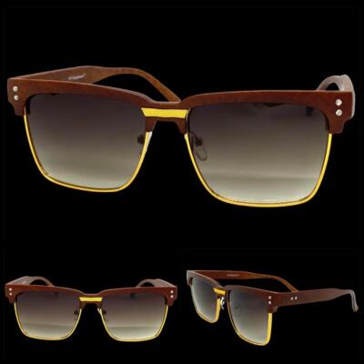 Mens Classy Elegant Sophisticated Modern Retro SUNGLASSES Faux Wood & Gold Frame