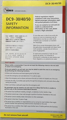Northwest Airlines Safety Card - McDonnell Douglas DC9-30/40/50 - July  2005