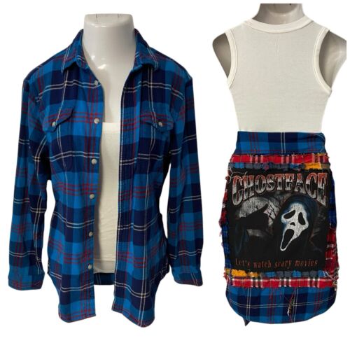 Upcycled Flannel Shirt Womens Large Shacket Ghostface Grunge Scary Movies Blue - Picture 2 of 19