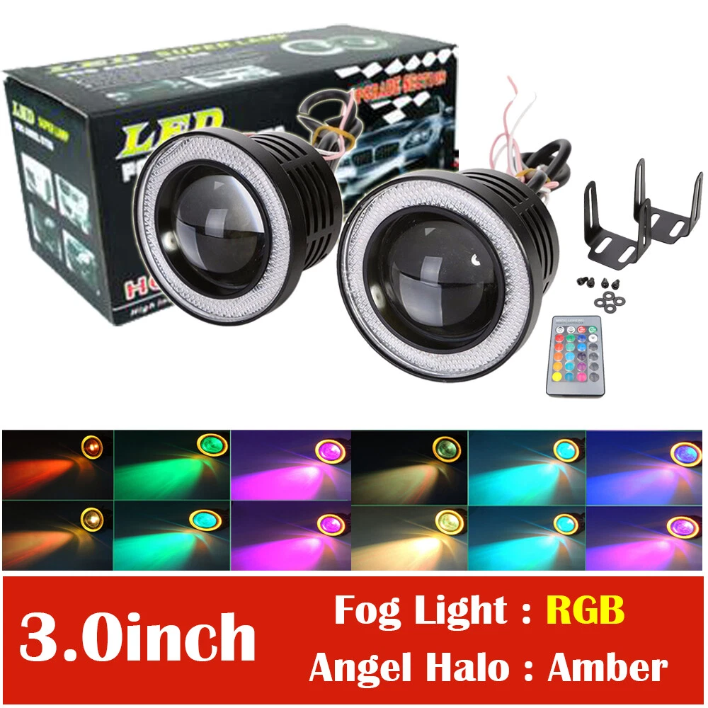 2x 3 inch RGB LED Projector Fog Lights Lamp with Amber COB Angel Eyes Halo Rings