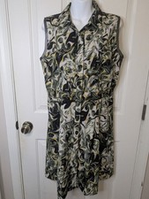 Simply Vera Wang Shirt Dress Retro Green Black Swirl Sleeveless L Button Front