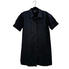 Banana Republic Black Poplin Button Front Shirt Dress Petite Medium Puff Sleeve