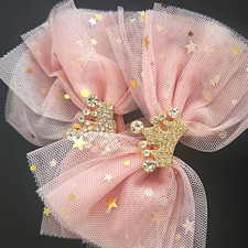 2-Pack Girls Pink/Gold Tulle Glitter Bow Hair Clips w/ Crown Accent Princess