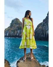 Farm Rio NWT Neon Garden Cotton Midi Dress Floral Summer Yellow Sz XS $235