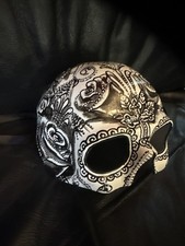 Half Skull Mask Beard Day the Dead Mask Dia de los Muertos Hand Painted Black
