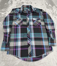 Vintage Wrangler Pearl Snap Shirt Mens Medium Purple Blue Red Plaid 90s Western