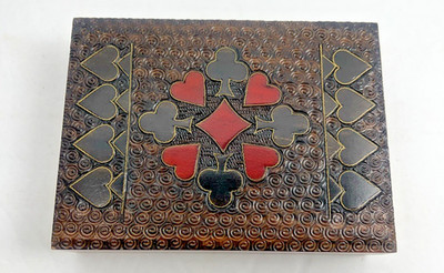Double Deck Card Box Hand Carved Wood Made in Poland Poker Suits 6'' Hinged Lid