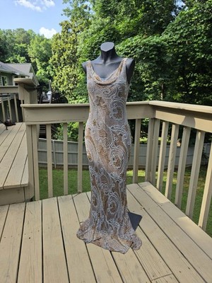 Vintage Y2K Carmen Marc Valvo Beaded Dress Paisley Low Cut Back Mermaid Gown