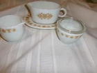 Pyrex Corning Gold Golden Butterfly Gravy Boat Under Plate Creamer Sugar/Lid.