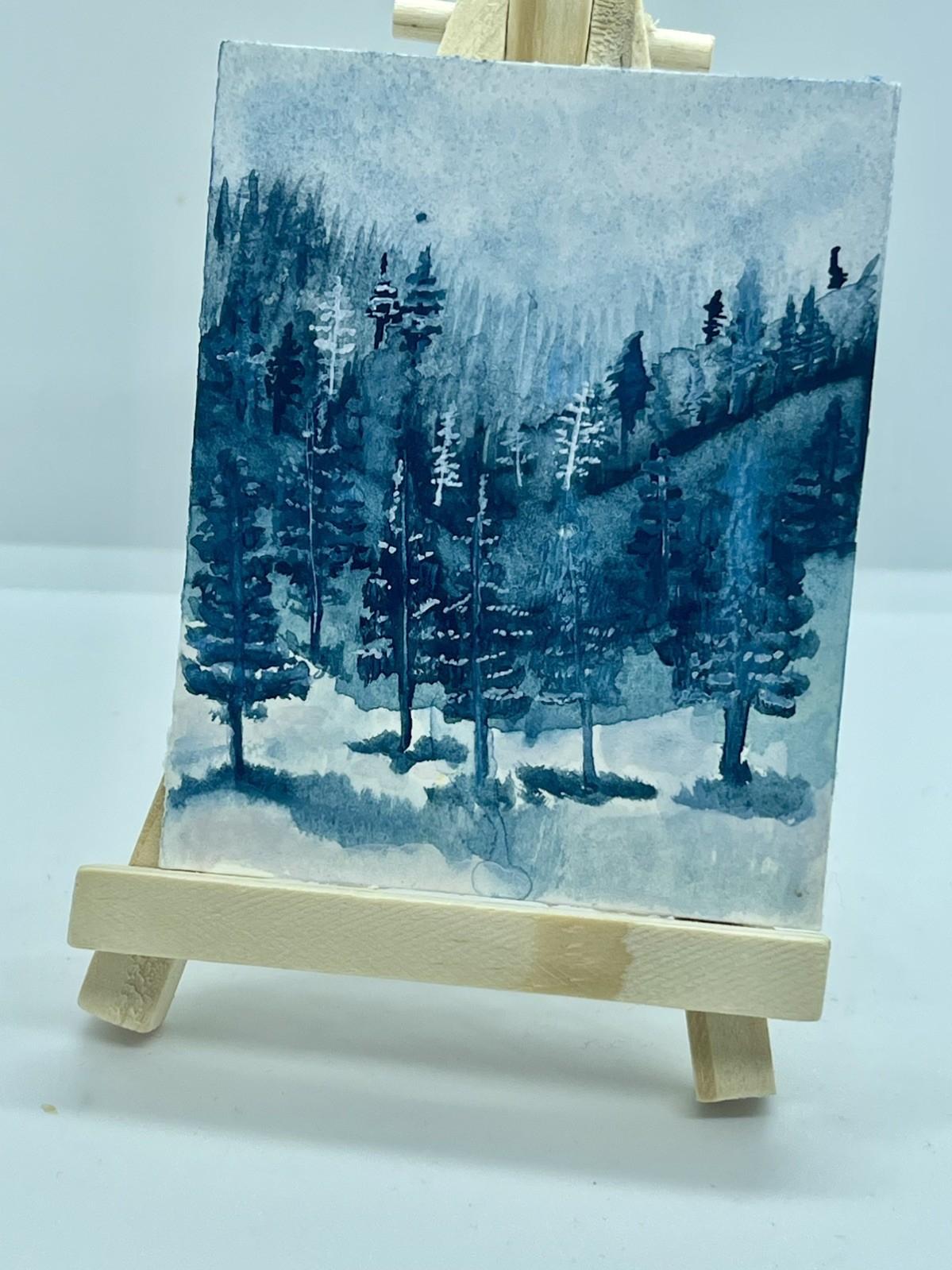 ACRO Original ART Watercolor Landscape Snowy Evergreen Forest #92 by Tehillah