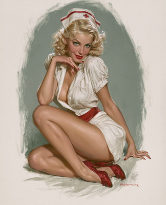 Retro Blonde Nurse Pinup in a White Uniform and Red Heels Print - 231479160