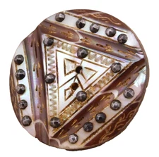 Antique Engraved Pearl Shell BUTTON w Gold Luster & Steels NICE 1&1/4 Medium