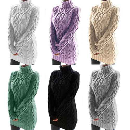 Damen Pullover Strick Rollkragen Winter Warm Langärmelig Enganliegend Kleid æ - Bild 4 von 19