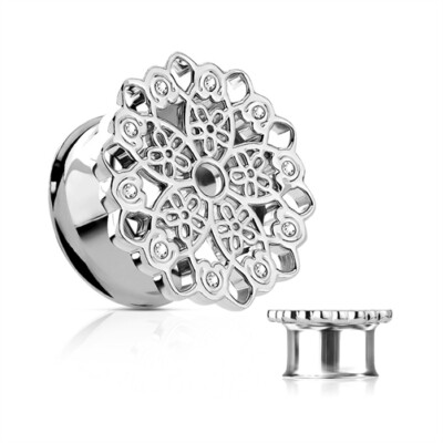 Flesh Tunnel Plug Edelstahl Blume Blüte Mandala Zirkonia Kristalle Ohr Piercing