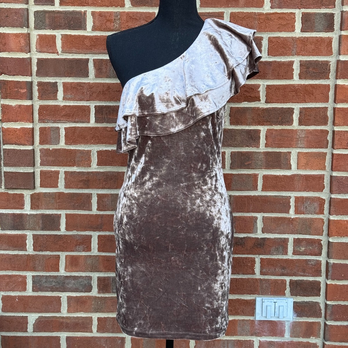 Forever 21 Mini Party Dress Large Brown Crushed Velvet Ruffled One Shoulder  | eBay