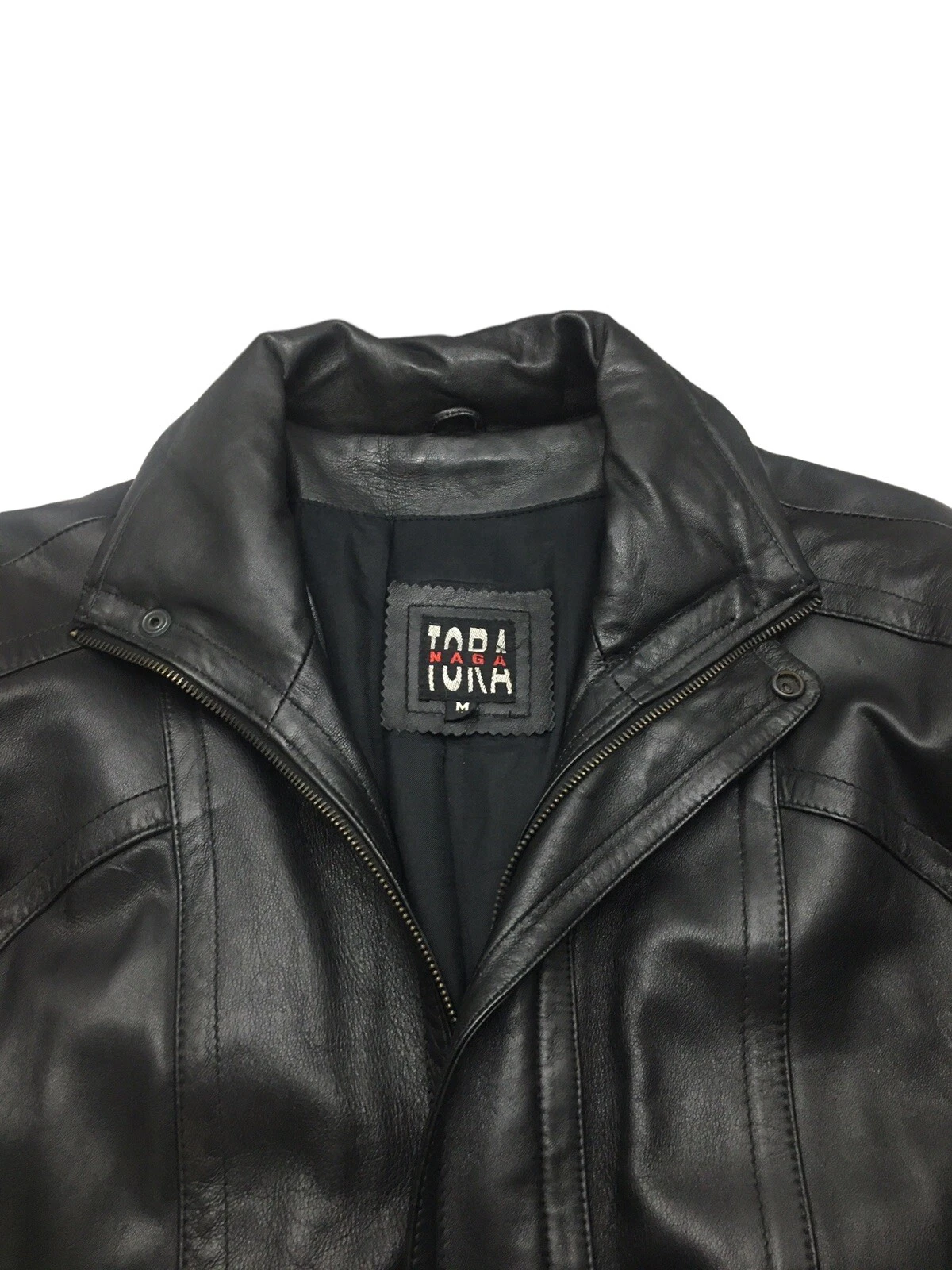 naga tora mens Black Business dress leather coat Mid Length 44” Vintage Medium image 7