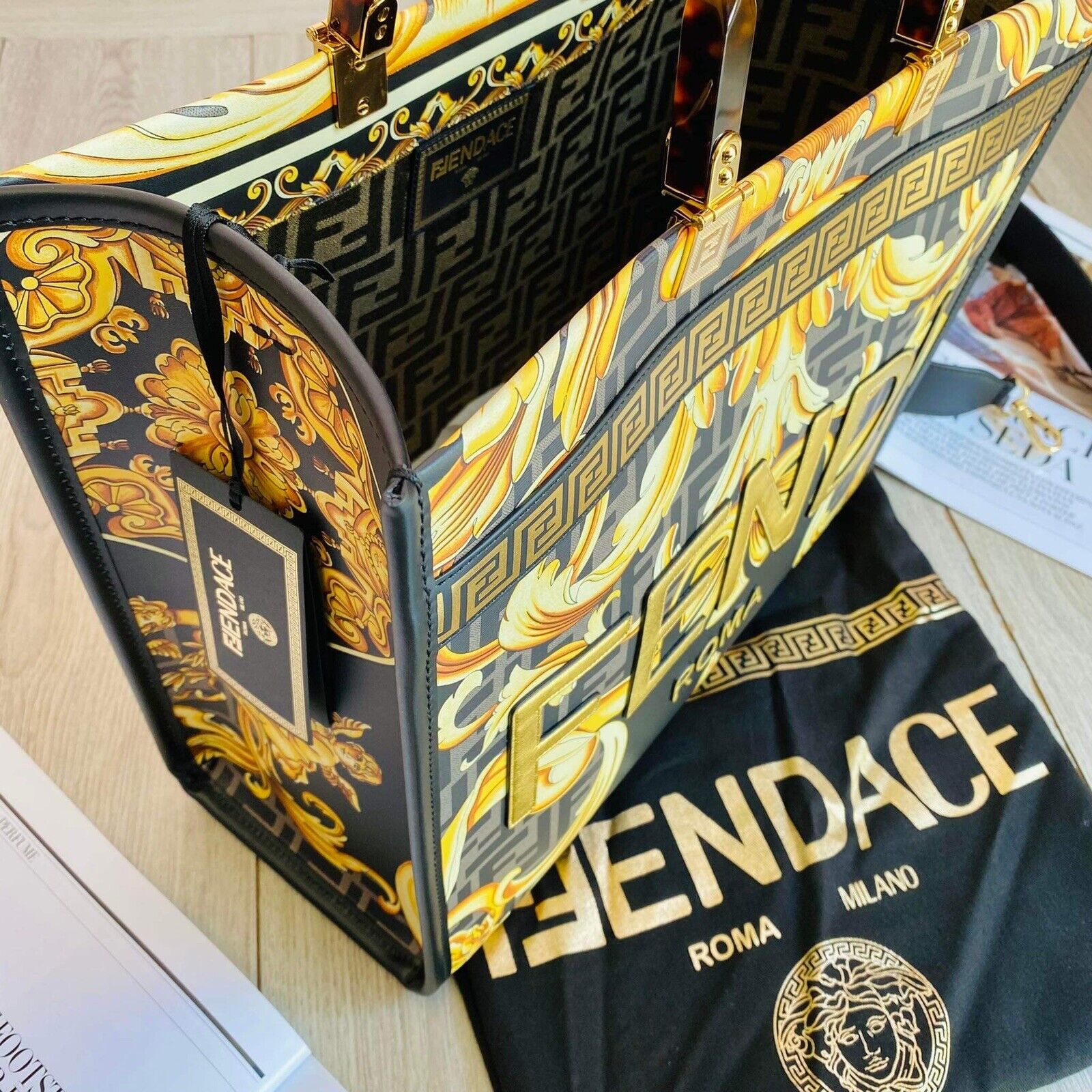 FENDACE NEW 2022 FENDI VERSACE FF MEDUSA EMBELLISHED SUNSHINE TOTE BAG